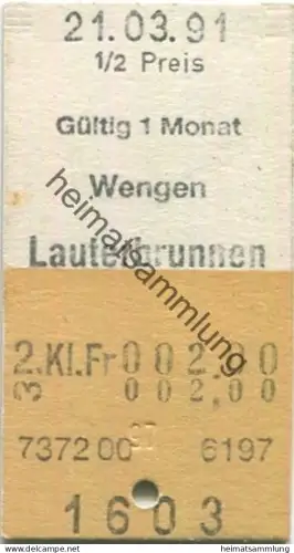 Schweiz - Wengen Lauterbrunnen einfach - Fahrkarte 1991 1/2 Preis