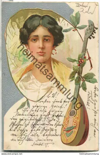 Frauenportrait - Mandoline - Prägedruck - lgel. 1902