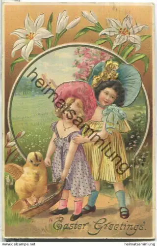 Easter Greetings - Kinder - Küken - Prägedruck - gel. 1908