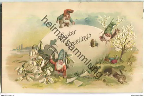 Easter Greetings - Schneeglöckchen - Zwerge - Wichtel - Prägedruck - gel. 1907