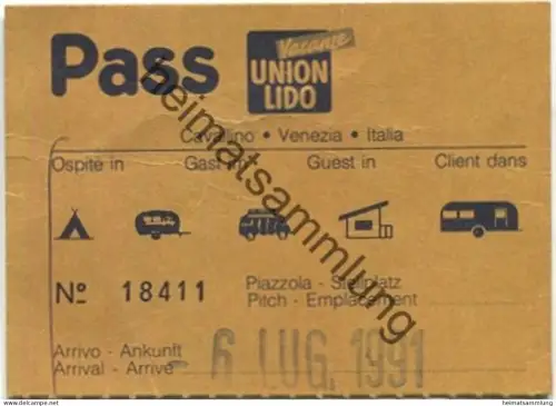 Italien - Cavallino Venezia Italia - Vacanze Union Lido - Pass 1991 - Eintrittskarte Campingplatz