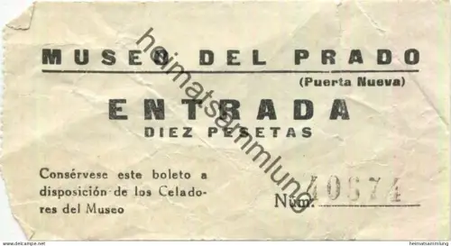 Spanien - Madrid - Museo del Prado (Puerta Nueva) - Entrada Diez Pesetas - Eintrittskarte