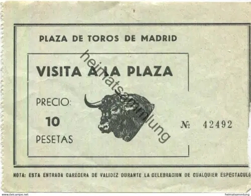 Spanien - Madrid - Plaza de Toros - Visita a la Plaza - Precio 10 Pesetas Eintrittskarte