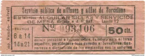 Spanien - Barcelona - Servicio publico de sillones y sillas de Barcelona - öffentliche Stuhlvermietung 50cts.