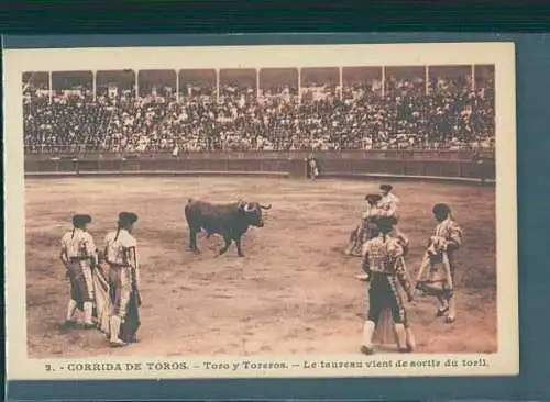 corrida de toros, toro y toreros, le taureau vient de sortir du toril (Nr. 8529)