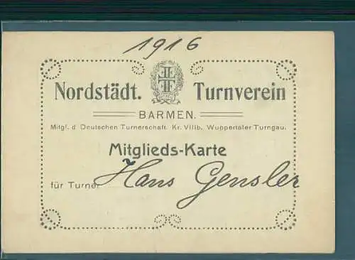 nordstädtischer turnverein, barmen, mitglieds-karte, wuppertaler turngau, 1916 (Nr. 8582)