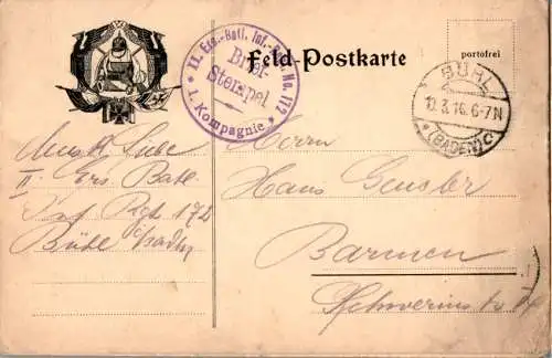 feldpost bühl 1916 n. barmen 1. kompagnie (Nr. 8884)