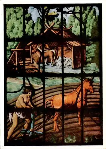 college oxford, chapel window, adam ploughing (Nr. 11332)