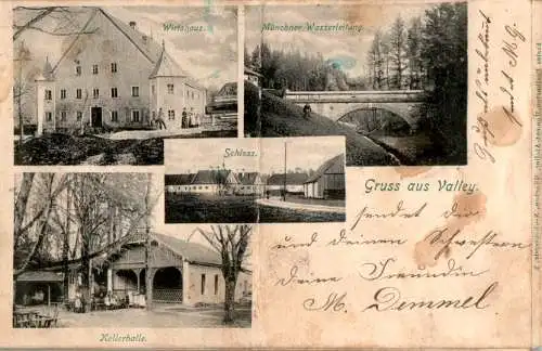 gruss aus valley, münchner wasserleitung, wirtshaus, 1904, karte hat mittelknick (Nr. 11698)