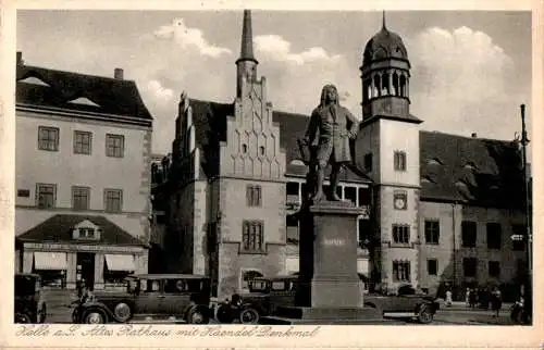 halle, altes rathaus mit haendel-denkmal (Nr. 18360)