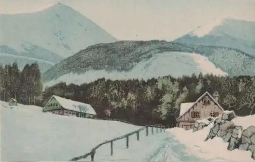 Riesengebirge - Wolfshau mit Schneekoppe, radierung - ca. 1940