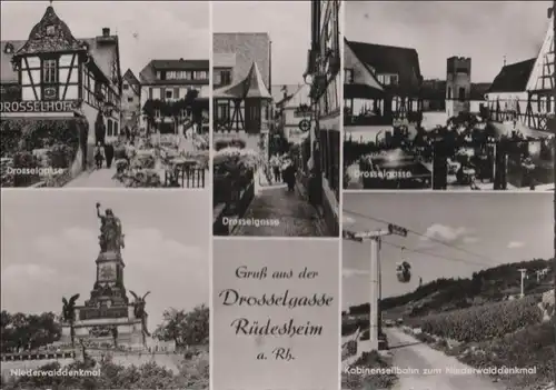 Rüdesheim - Drosselgasse, u.a. Kabinenseilbahn - ca. 1955