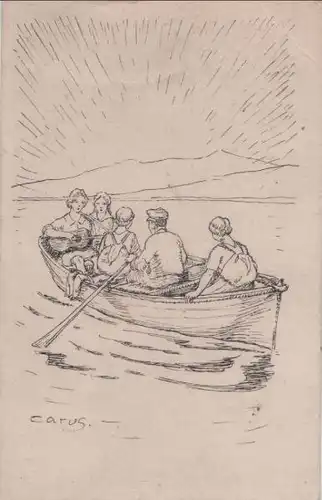 Mann und vier Frauen im Boot