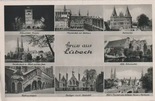 Lübeck - u.a. Beleuchtetes Burgtor - ca. 1955