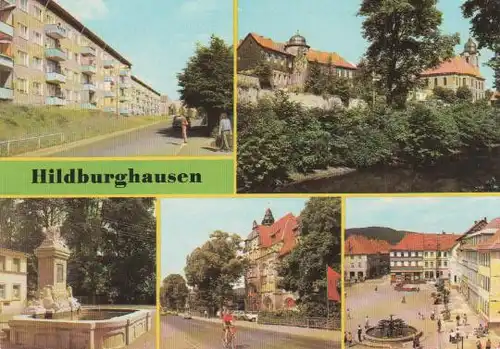 Hildburghausen - An der alten Stadtmauer, Brunnen am Theater, Leninallee, Blick zum Markt, Neubaugebiet - 1984