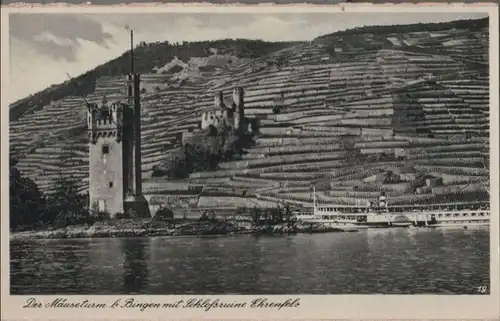 Bingen - Mäuseturm mit Ruine Ehrenfels - ca. 1950