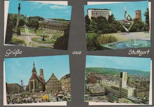 Stuttgart - Kleiner Schloßplatz, Anlagen mit Schloßhotel und Bahnhof, Schillerplatz, Panorama mit Neuem Rathaus und