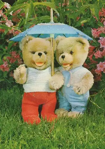 Zwei Tedys unter Regenschirm