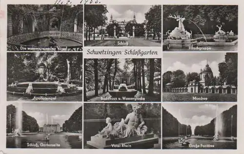 Schwetzingen - Die wasserspeienden Vögel, Apollotempel, Schloß Gartenseite, Schloß, Badehaus und Wasserglocke, Vater