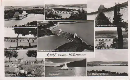 Möhnesee - Sperrmauer, Delecker Brücke, Sperrmauer-Überlauf, Körbecker Brücke, Strandbad, Sperrmauer (Luftbild), Am