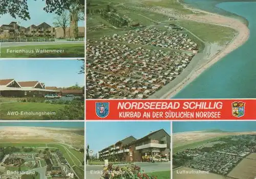 Wangerland - Ferienhaus Wattenmeer, AWO-Erholungsheim, Badestrand, Einkaufsstraße, Luftaufnahme - 1984