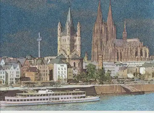 Köln - Rheinufer mit Kirchen - Glanzkarte