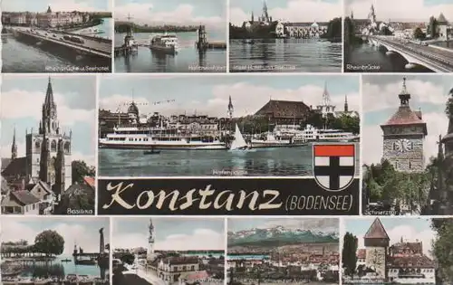 Konstanz - Rheinbrücke u. Seehotel, Hafeneinfahrt, Insel-Hotel und Basilika, Rheinbrücke, Basilika, Hafenpartie,