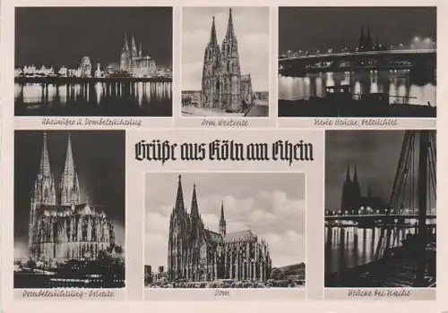 Köln - Rheinufer u. Dombeleuchtung, Dom Westseite, Neue Brücke beleuchtet, Dombeleuchtung Ostseite, Dom, Brücke bei