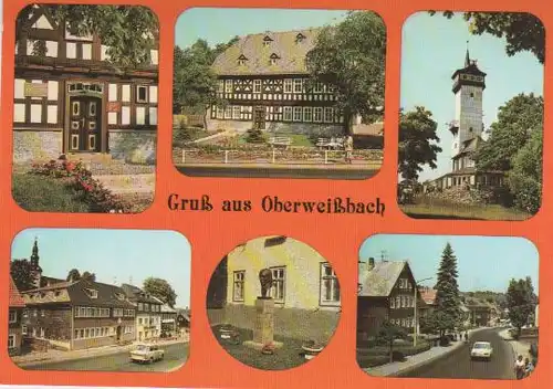Oberweißbach - Fröbelmuseum-Portal, Fröbelmuseum, Fröbelturm, Markt mit Gasthaus zur Schenke und Rathaus,