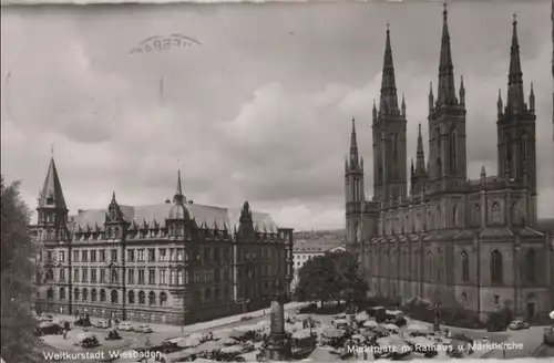 Wiesbaden - Marktplatz mit Rathaus und Marktkirche - 1957