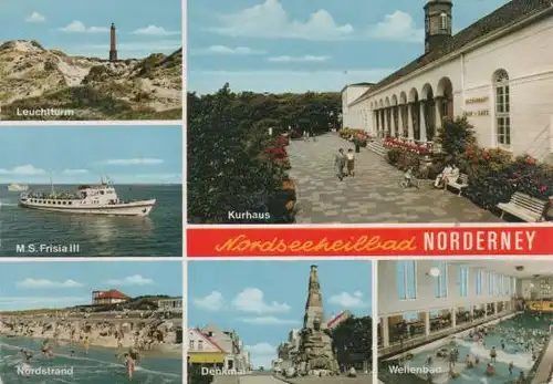 Norderney - Leuchtturm, MS Frisia III, Nordstrand, Kurhaus, Denkmal, Wellenbad - ca. 1975