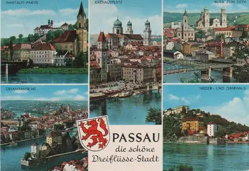 Passau - Innstadt-Partie, Gesamtansicht, Rathausplatz, Blick zum Dom, Nieder- und Oberhaus - 1978