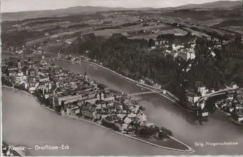 Passau - Dreiflüsse-Eck, Fliegeraufnahme - 1960