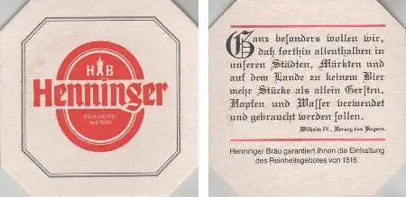 Bierdeckel quadratisch - Henninger - Brauerei seit 1869