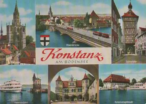 Konstanz - Münster, Rheinbrücke, Schnetztor, Hafeneinfahrt, Rathaus, Konziliumsgebäude - ca. 1975