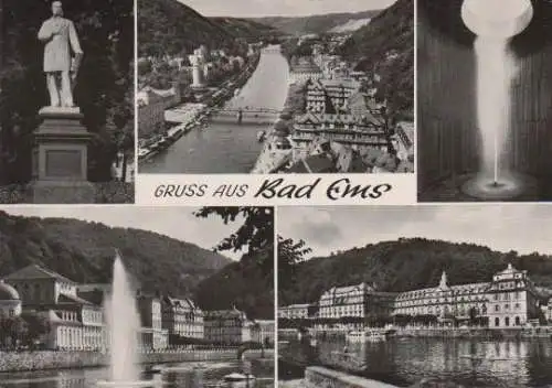 Bad Ems - Kaiser Wilhelm I., Lahnabwärts, Robert Kampe Sprudel, Fontäne auf der Lahn, Staatl. Kurhaus - 1970