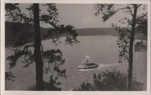 Ausflugsboot aus dem Wald gesehen