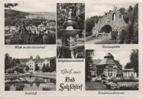 Bad Salzschlirf - Blick in das Lautertal, Badehof, Springbrunnen im Kurpark, Mariengrotte, Bonifatiusbrunnen - 1963