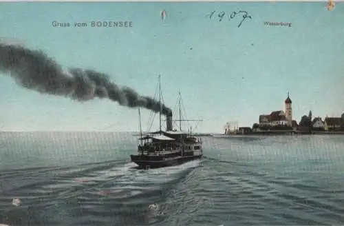 Bodensee - mit Wasserburg und Dampfer - 1907