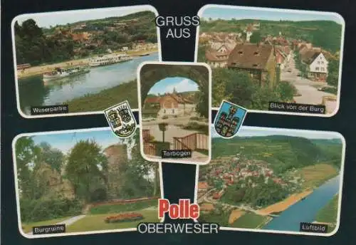 Polle - Weserpartie, Burgruine, Torbogen, Blick von der Burg, Luftbild - 1971