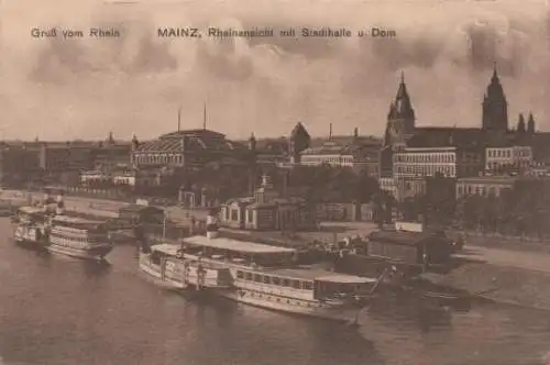 Mainz am Rhein - Gruß vom Rhein - Mainz Stadthalle u. Dom - ca. 1935