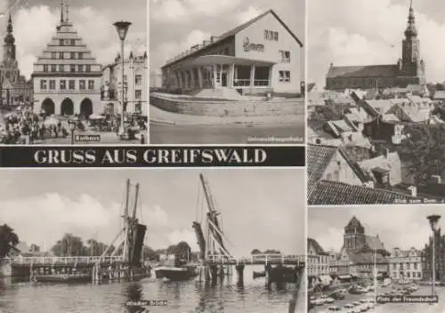 Greifswald - Rathaus, Universitätsapotheke, Wiecker Brücke, Blick zum Dom, Platz der Freundschaft - 1973