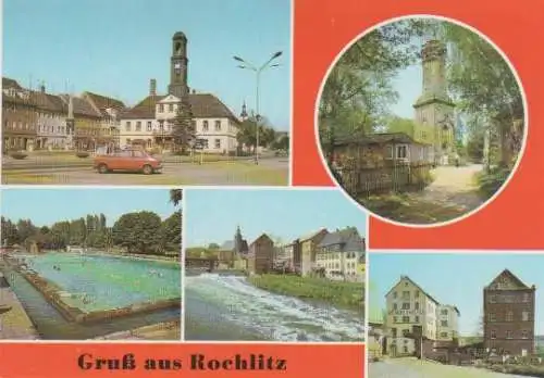 Rochlitz - Platz der Befreiung, Aussichtsturm auf dem Rochlitzer Berg, Freibad, VEB Schloßmühle und Petrikirche, VEB