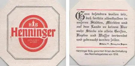 Bierdeckel quadratisch - Henninger - Reinheitsgebot