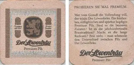 Bierdeckel quadr. Nadelloch - Löwenbräu - Premium probieren