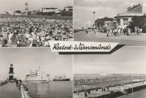 Rostock - Blick zum Leuchtturm und zur Gaststätte Teepott, HO-Gaststätte Kurhaus, An der Moleneinfahrt, Promenade mit