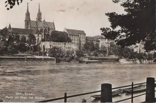 Schweiz - Schweiz - Basel - Partie am Rhein mit Münster - ca. 1960