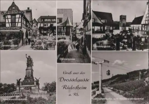 Rüdesheim - Drosselgasse, u.a. Kabinenseilbahn - ca. 1955