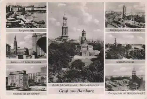 Hamburg - Jungfernstieg, Rathaus mit Alsterarkaden, Große Michaeliskirche u. Bismarckdenkmal, Landungsbrücken mit