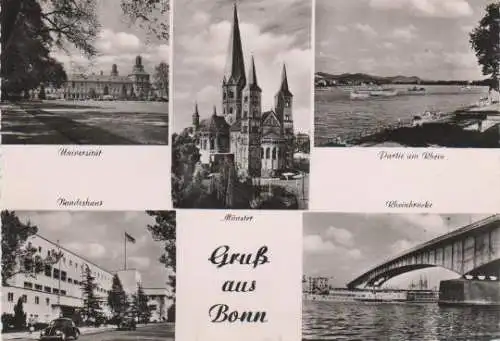 Bonn - Universität, Bundeshaus, Münster, Partie am Rhein, Rheinbrücke - 1959